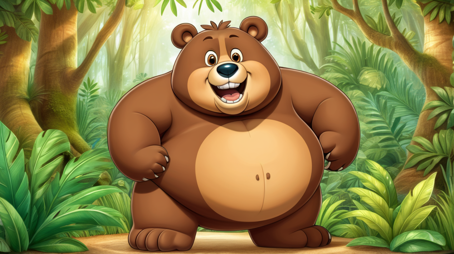 make a cartoon image of Picture a chubby, friendly bear named Bongo, with a big, round belly and a wide, cheerful grin. Bongo has soft, brown fur with highlights of lighter shades, especially around his muzzle and chest. His eyes are large and bright, filled with curiosity and warmth. standing in a green jungle

