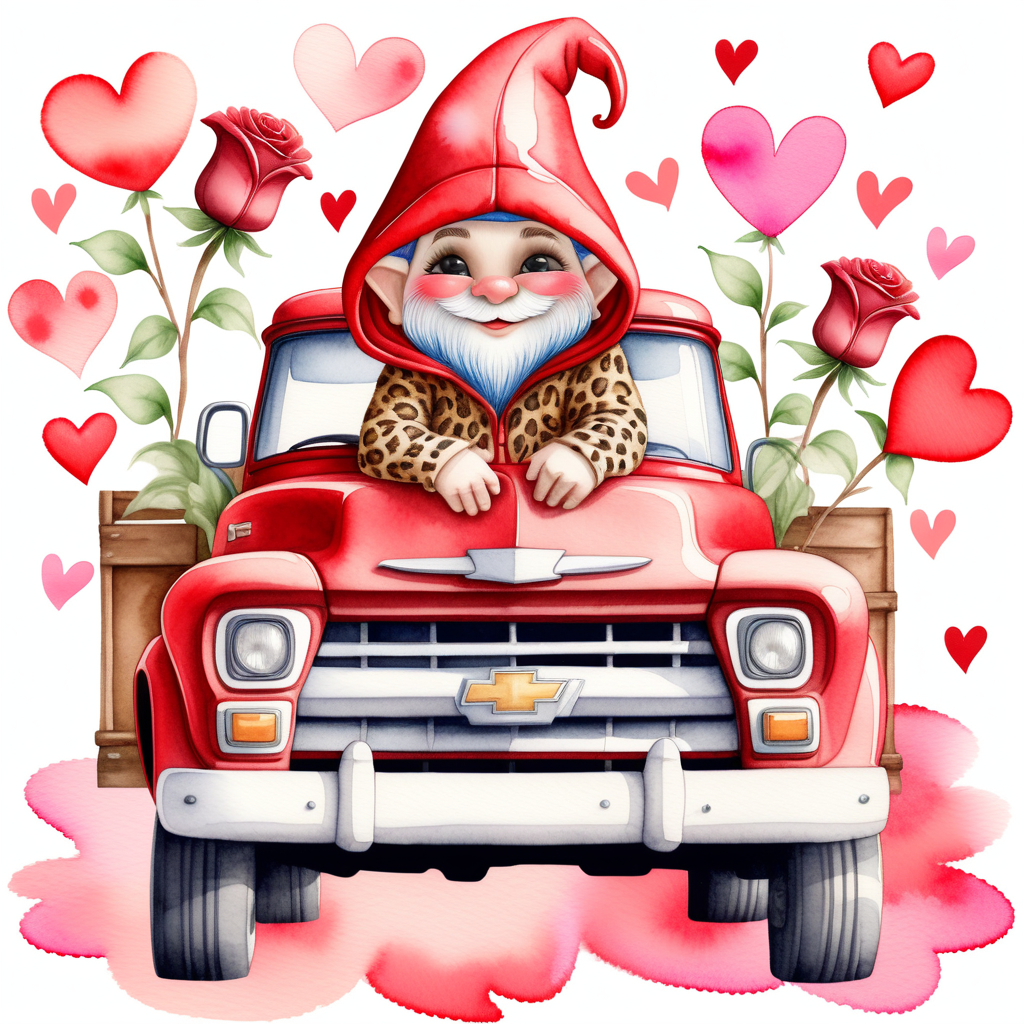 Create a watercolor gnome in a vintage red chevy truck wearing a leopard-skin hoodie which covers his eyes. Add Valentines motifs to the image such as hearts or red roses. 