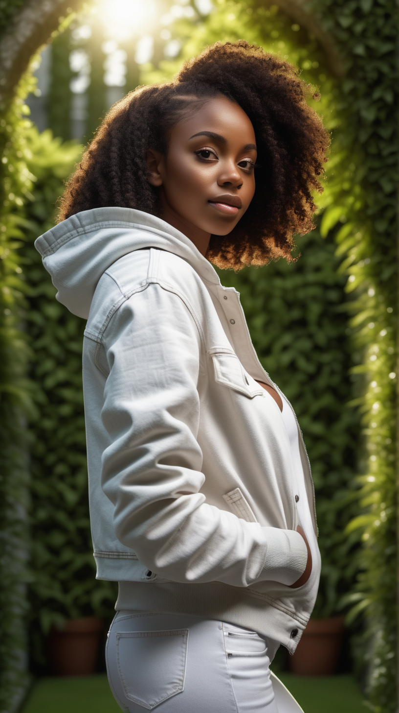 A beautiful, young Black woman, standing against a lush garden background, Facing the camera straight ahead, wearing a white, denim jacket, wearing a heather read hooded sweatshirt, lighting is over the left shoulder, from behind, pointing down ultra 4k render, high definition, deep shadows