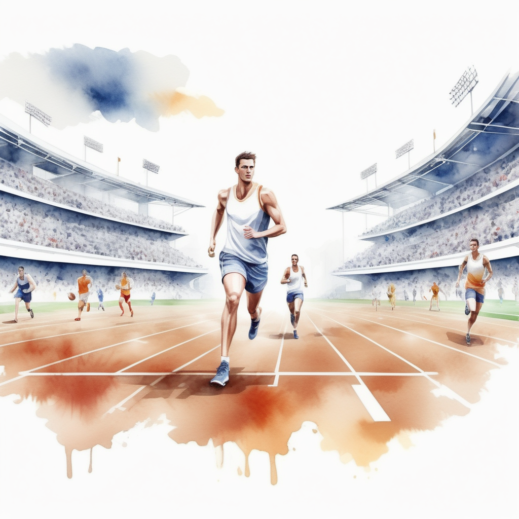 bílé pozadí_vytvoř realistickou ilustraci_sportovní atleticky stadion_sportovci_ve stylu akvarel