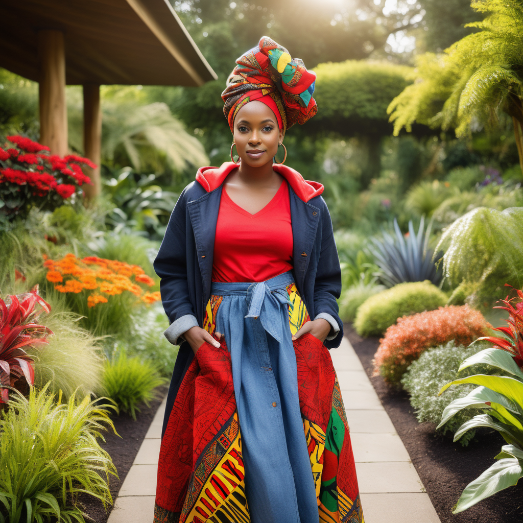Beautiful Black woman with tribal paint, wearing a multi color African headwrap and African print Skirt, wearing a Red, hooded shawl coat, wearing a Navy linen dress shirt, wearing denim with African print material  inside the pockets,  Vibrant images that represent African heritage, In a lush colorful botanical garden, looking to the left, holding a  black lamb, view looking straight at , 4k, high definition, high resolution, sunny day light source from above left
