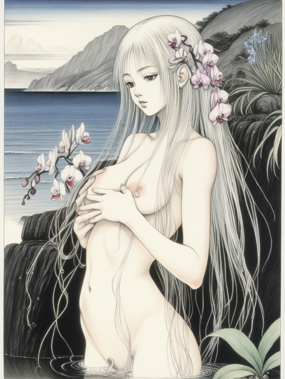 Chica de pelo largo platino y fino dibujada al estilo de Yoshitaka Amano, esta desnuda, los mechones le tapan los pechos. Sostiene en la mano unas orquideas. mira de forma juguetona hacia otro lado. el fondo es un paisaje costero. Esta bañandose en una laguna de color negro.