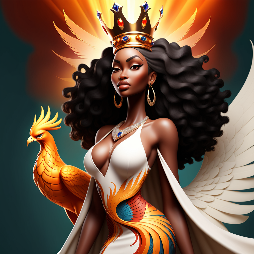 An African American stunning tall  curvy Empowering image of a queen with a phoenix rising from her crown, tagline: "Phoenix Queens: Rising through Healing."