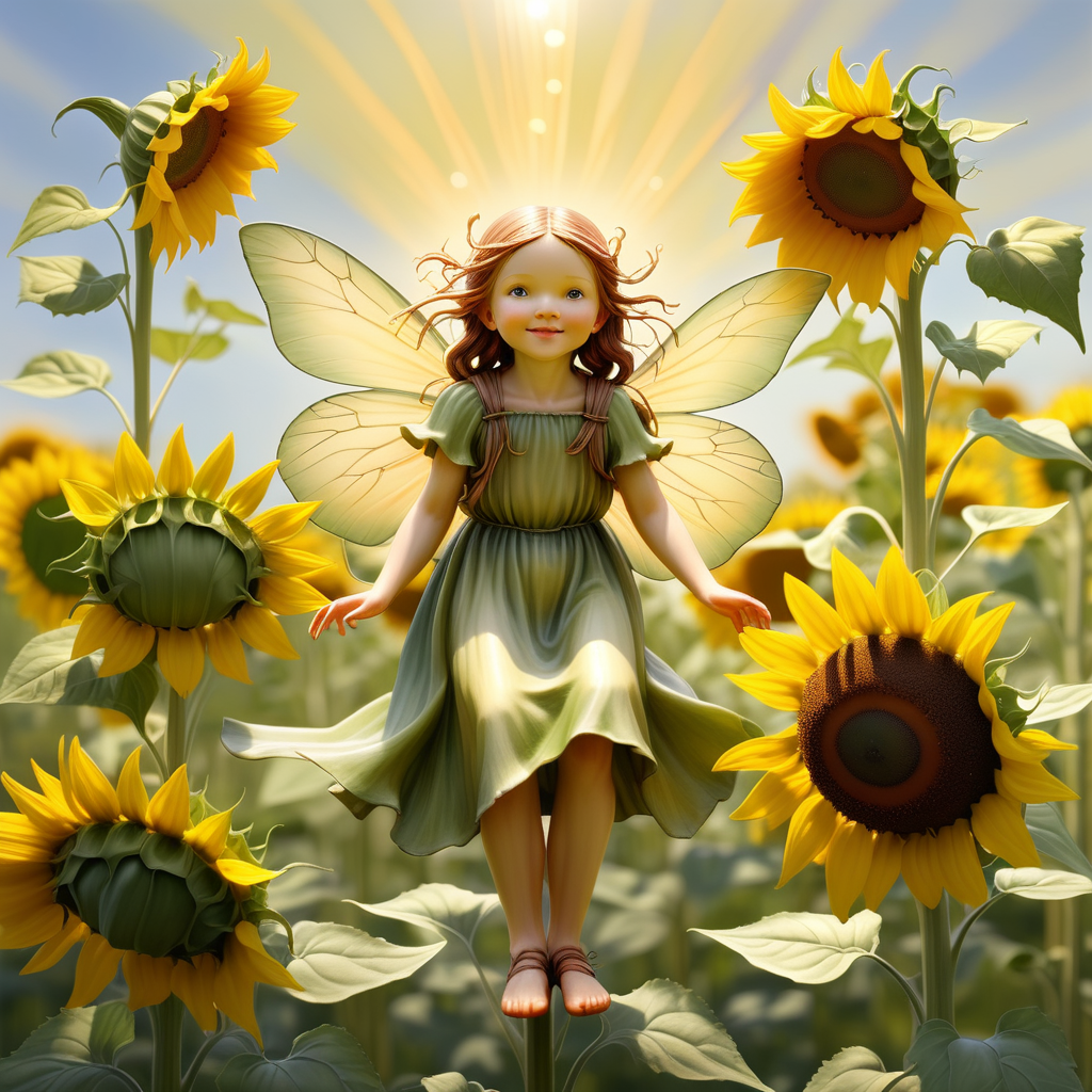 Create a fairy standing tall among sunflowers, radiating warmth and sunlight, capturing the vibrant and lifelike qualities found in Cicely Mary Barker's artwork.