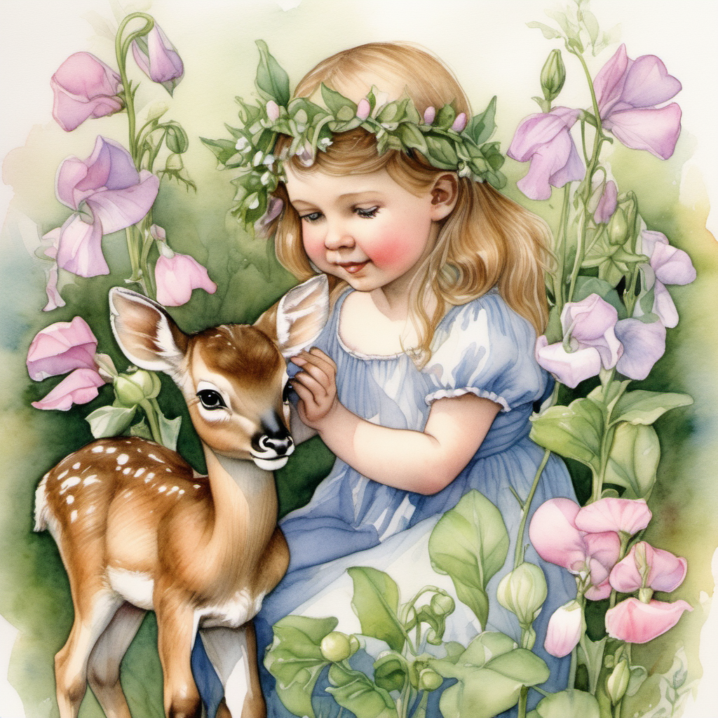 a watercolor sweetpea flower fairy in the style of Cicely Mary Barker petting a baby deer.  They are both surrounded by sweetpeas and greenery. The baby deer is cute and shows a curiosity and a friendly nature. 