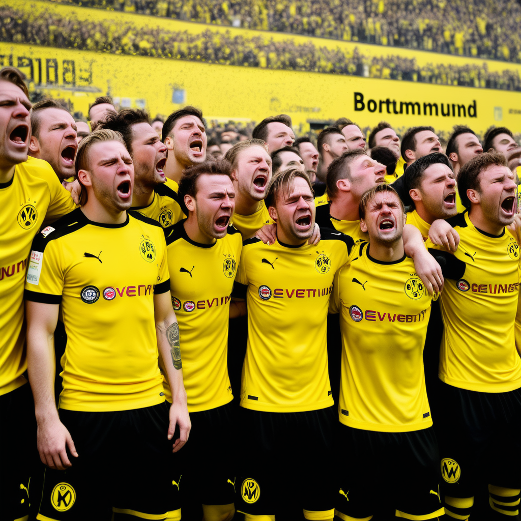 Dortmund Football players crying  in front of Der Gelbe Wand of Dortmund full of supporters