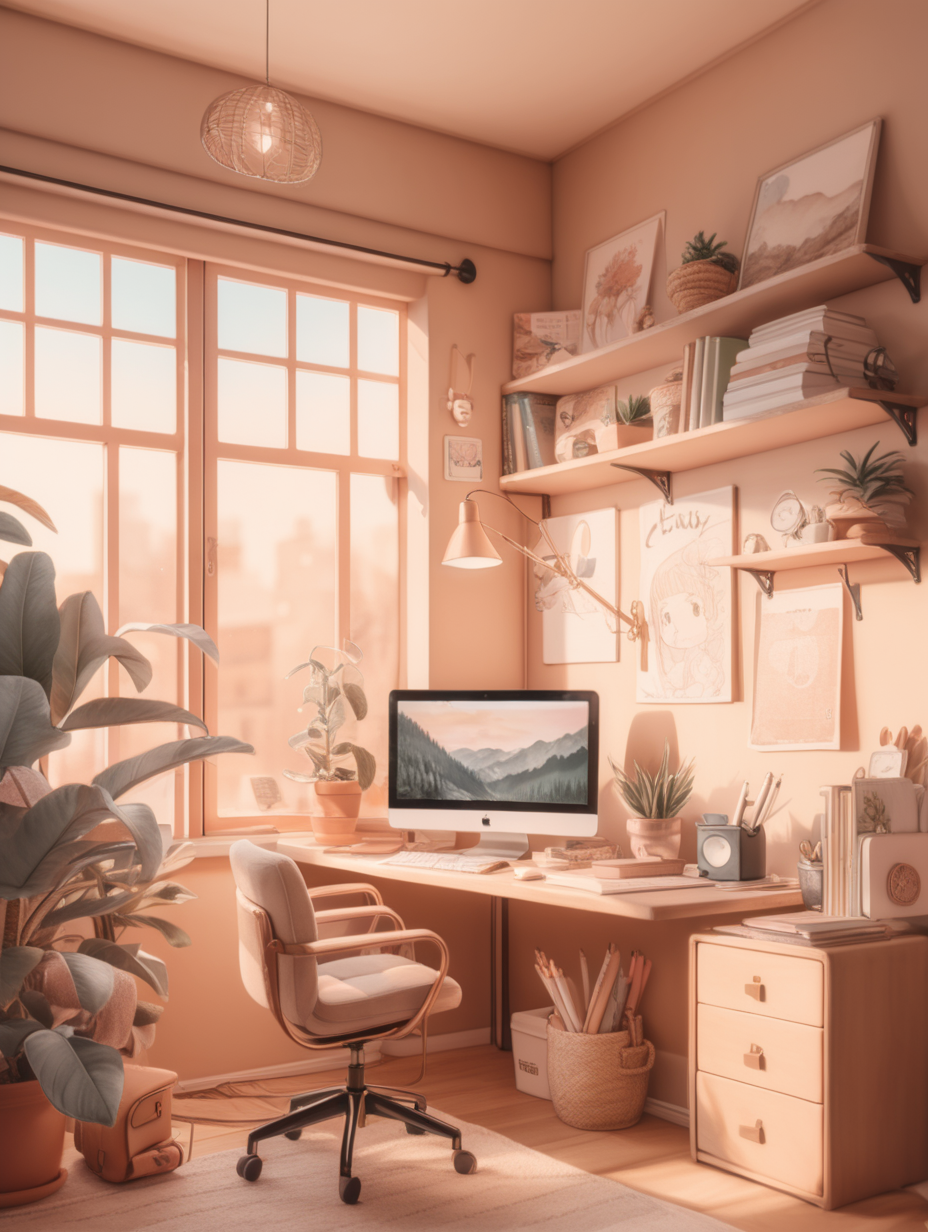 cozy home office in soft muted earth tones, sunny, warm lighting, anime, lofi, pastel, handdrawn