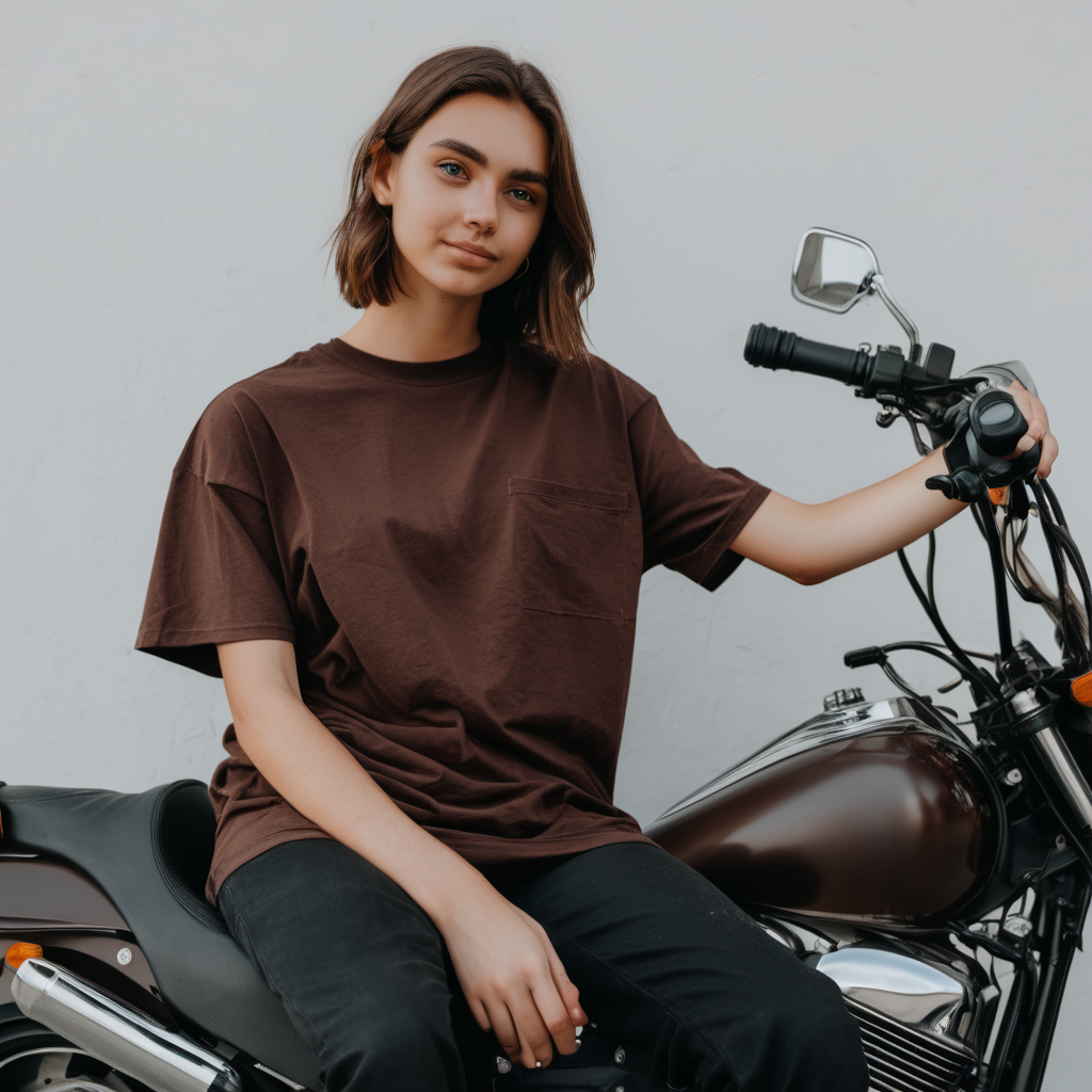 person sitting on motorycle bike showing front with oversized dark brown t shirt that is blank