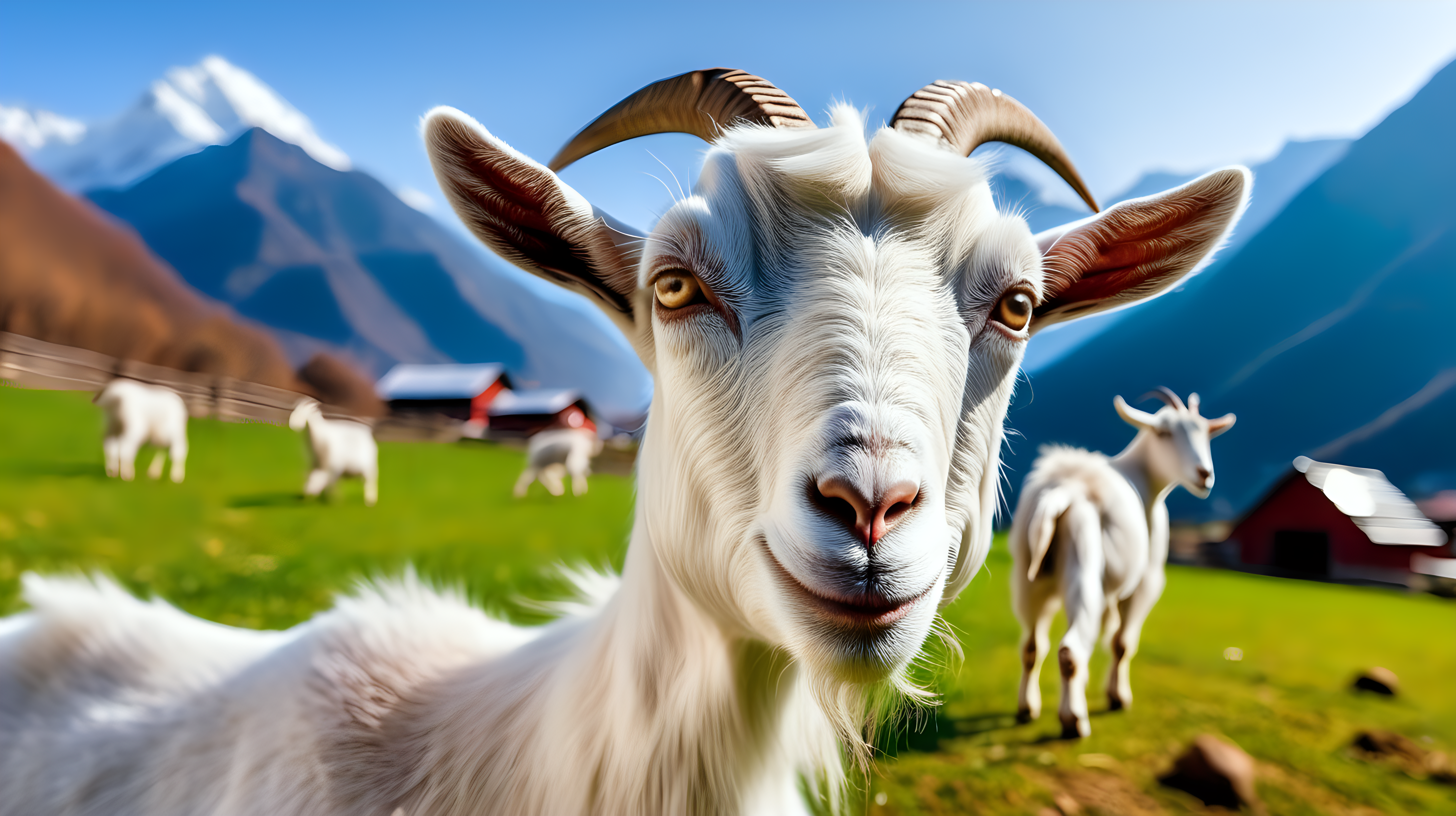 Healthy goat in the farm mountain background