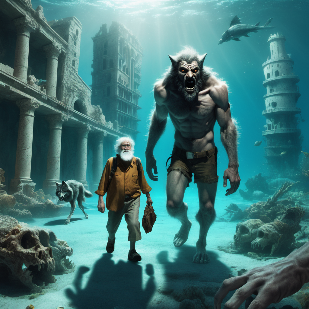  a kind Wolfman  walking side by with  a sick lost old man.  In background the deep underwater city's  ruins of Atlantis