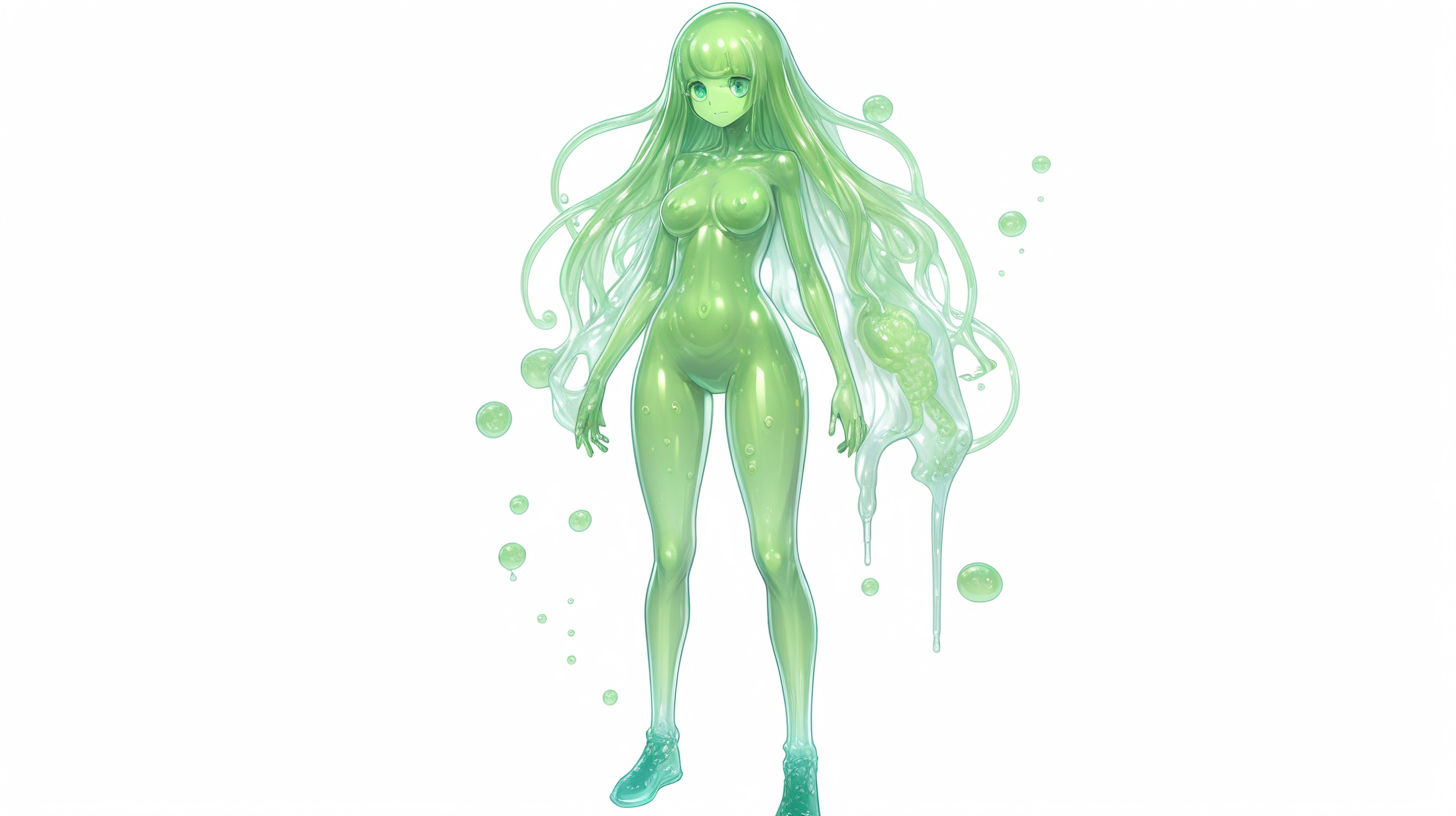 semitransparent single-celled organism slime girl waifu. entire body is semitransparent.  skin is a cell membrane.