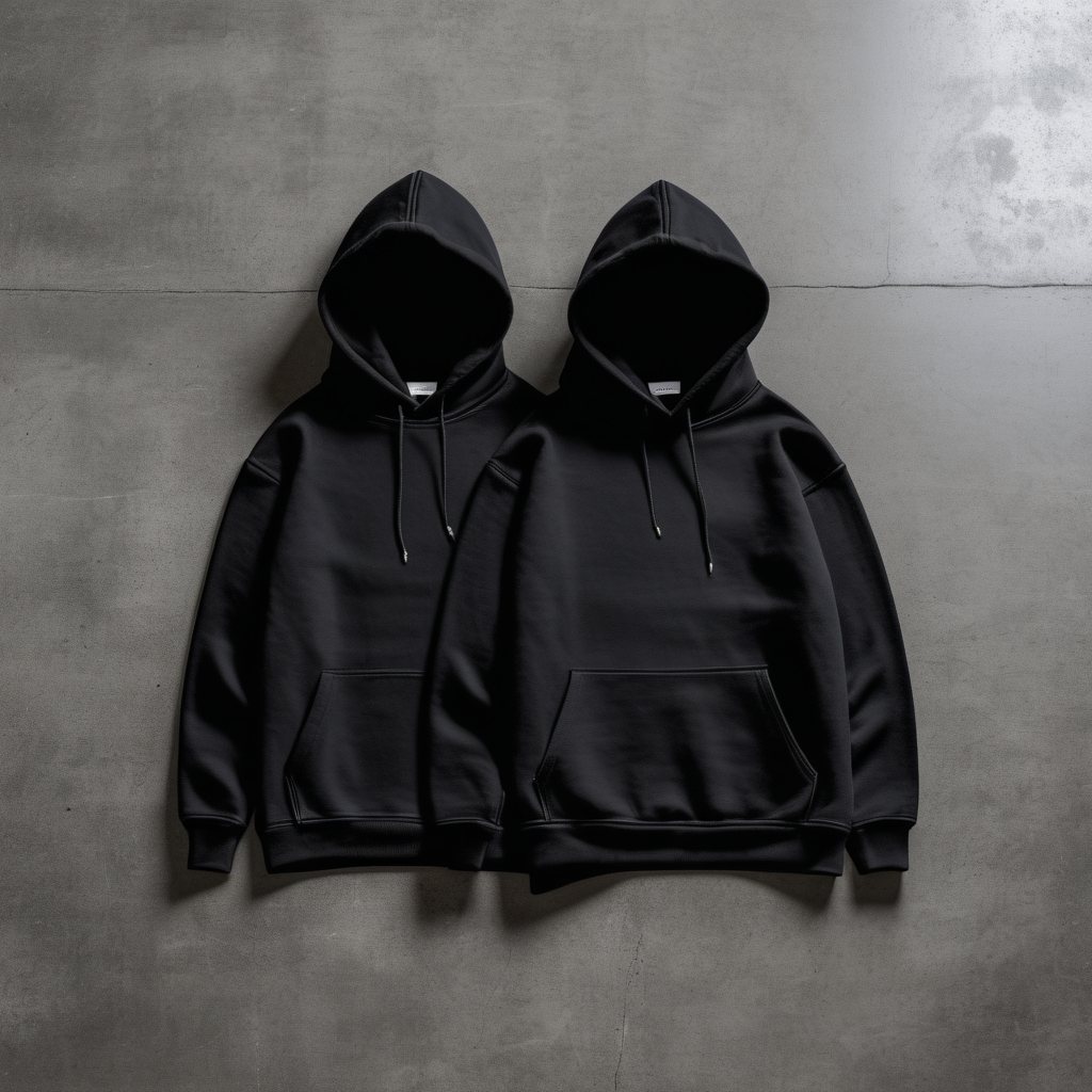 front side of 2 black hoodies on concrete floor