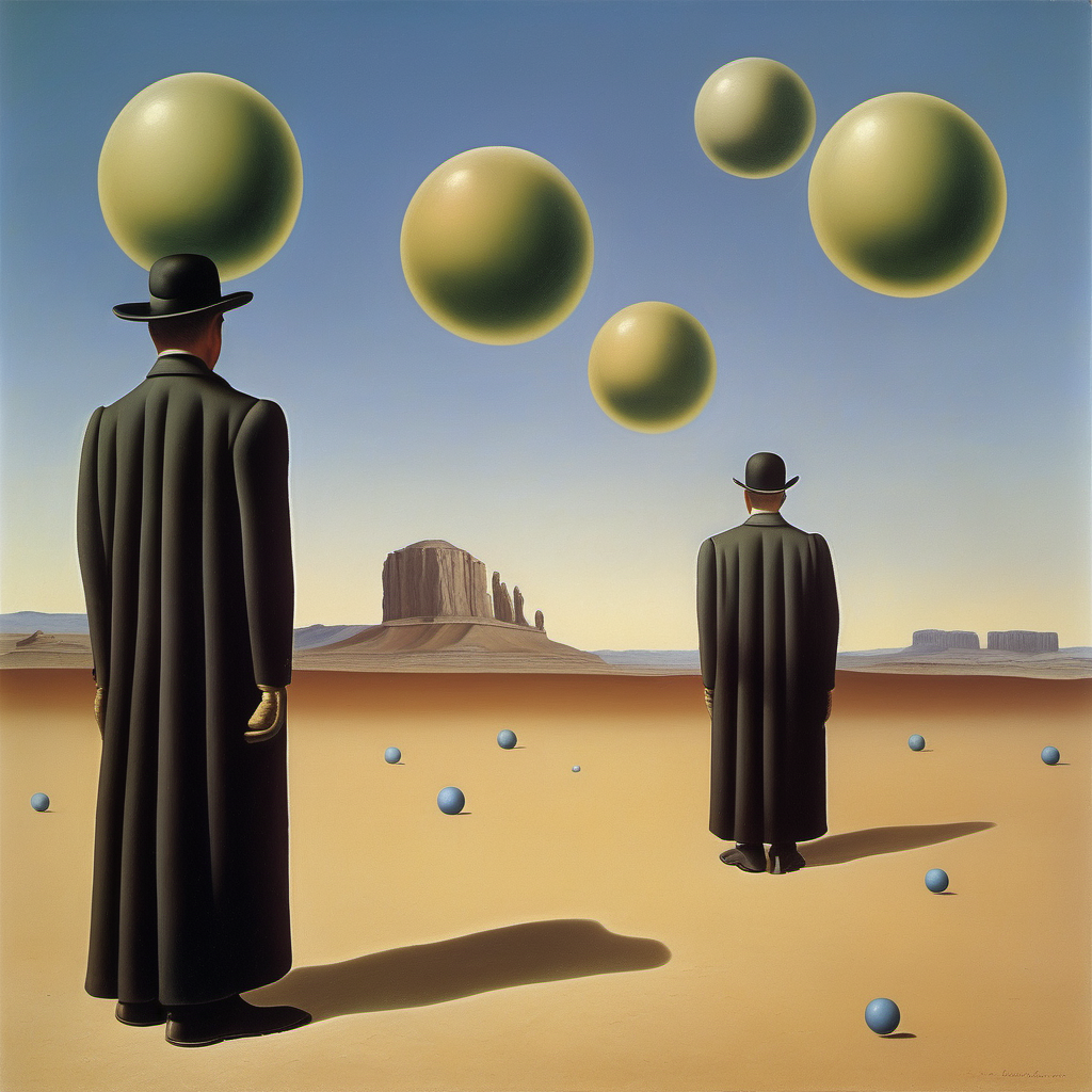 René Magritte, desert, aliens & cowboys, orbs, five men