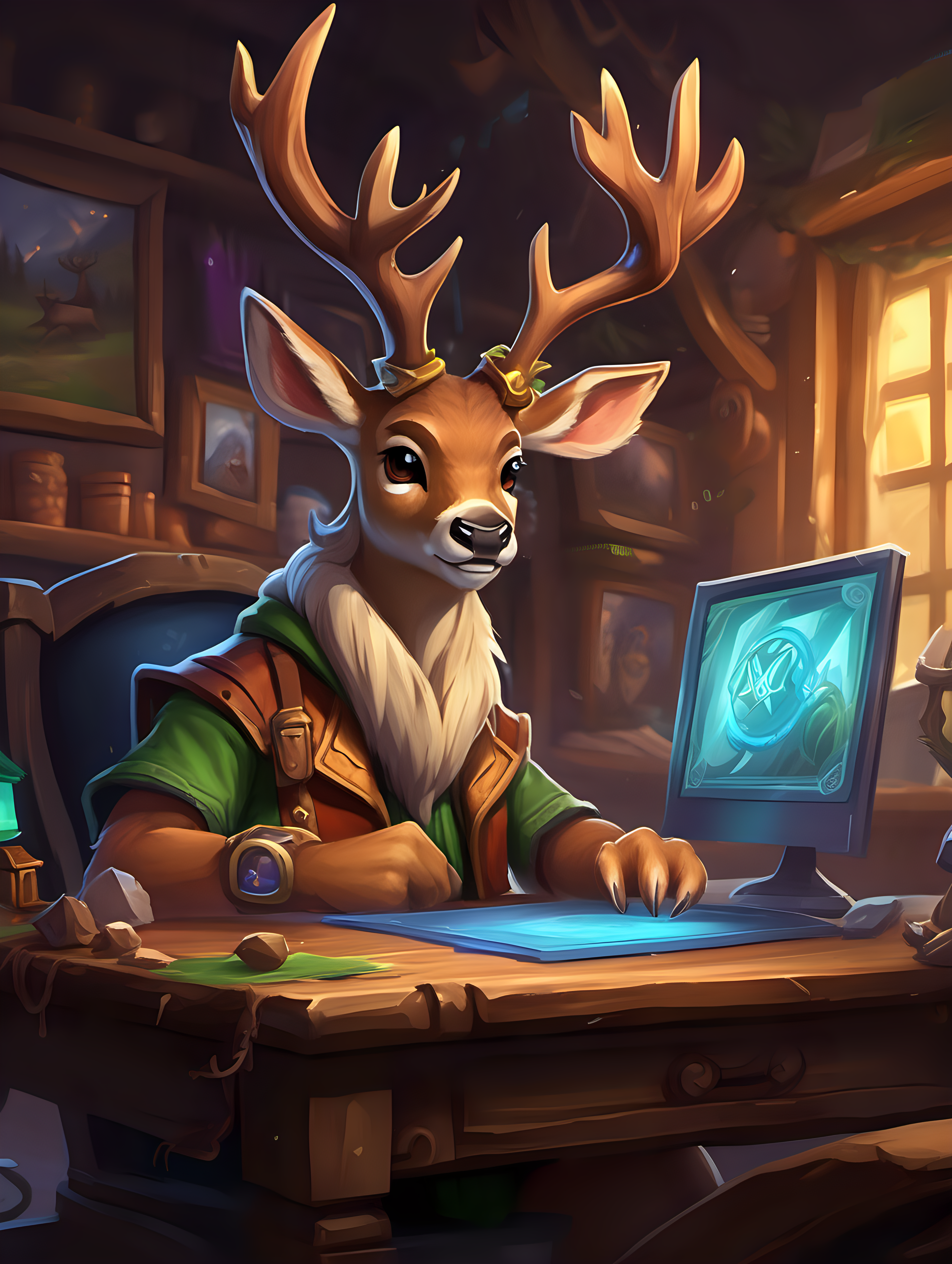 Digital art in the style of hearthstone cards art. Deer in his gaming desk