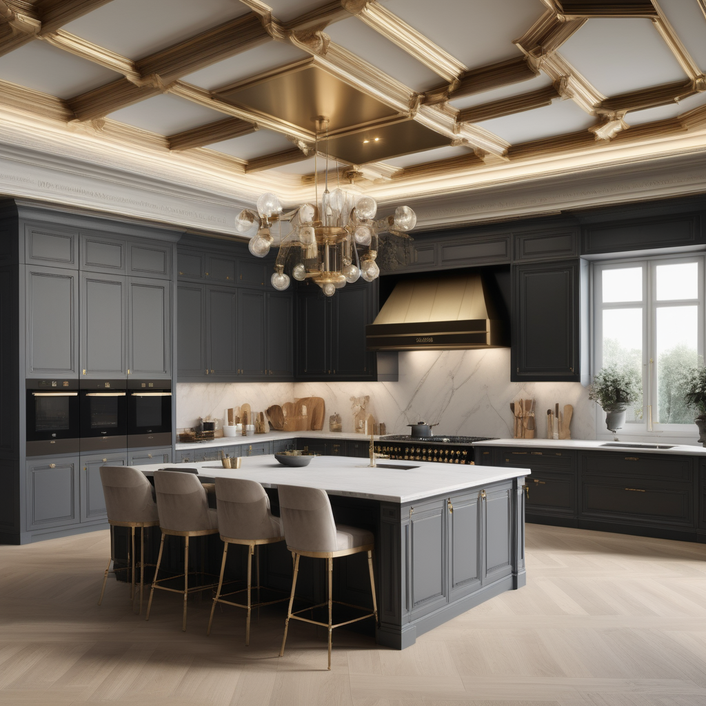 hyperrealistic image of a large modern Parisian kitchen with island; coffered ceiling; beige, oak, brass and dark-grey colour palette