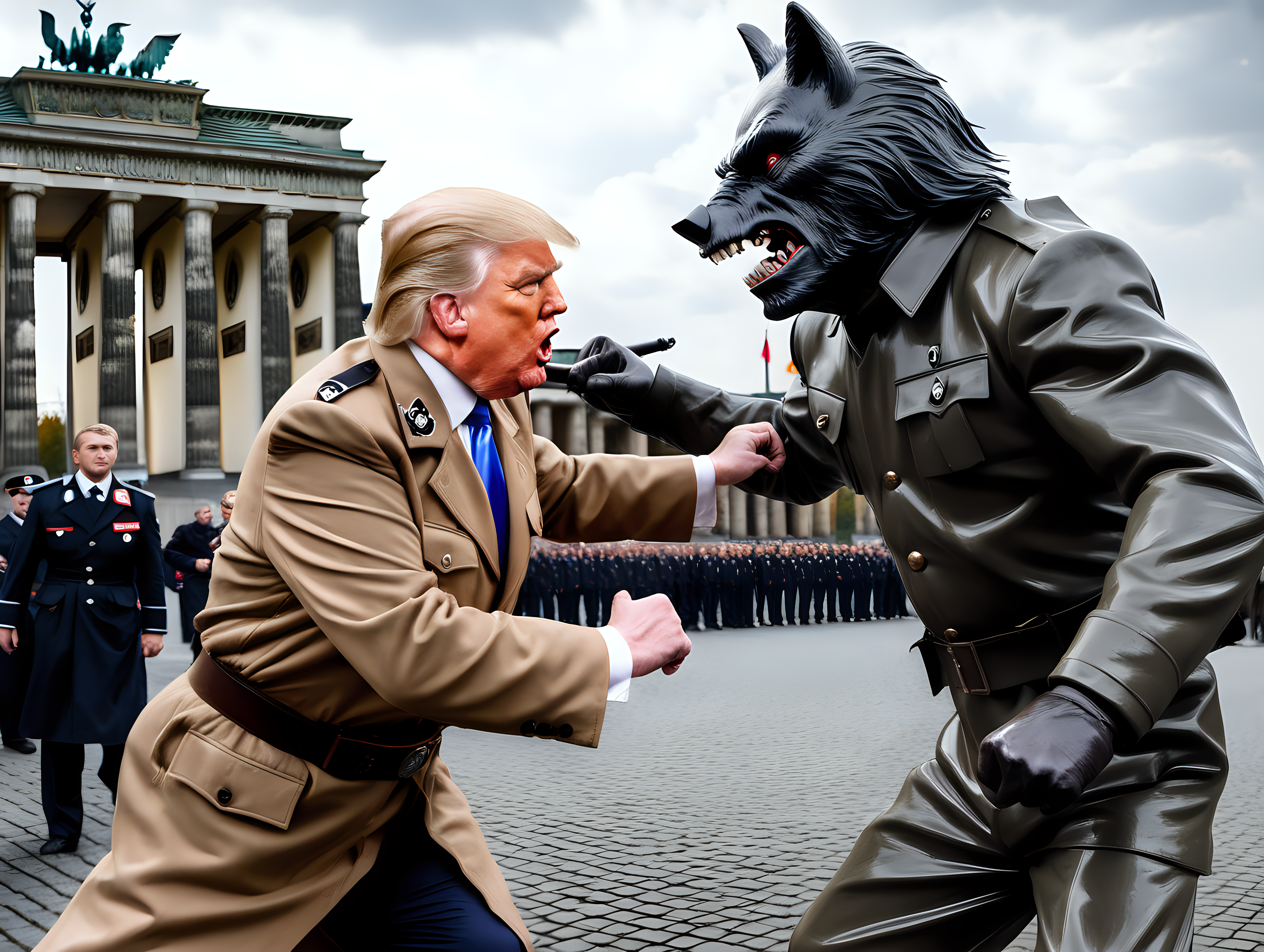 Donald Trump in a Nazi uniform fighting the wolfman in Berlin