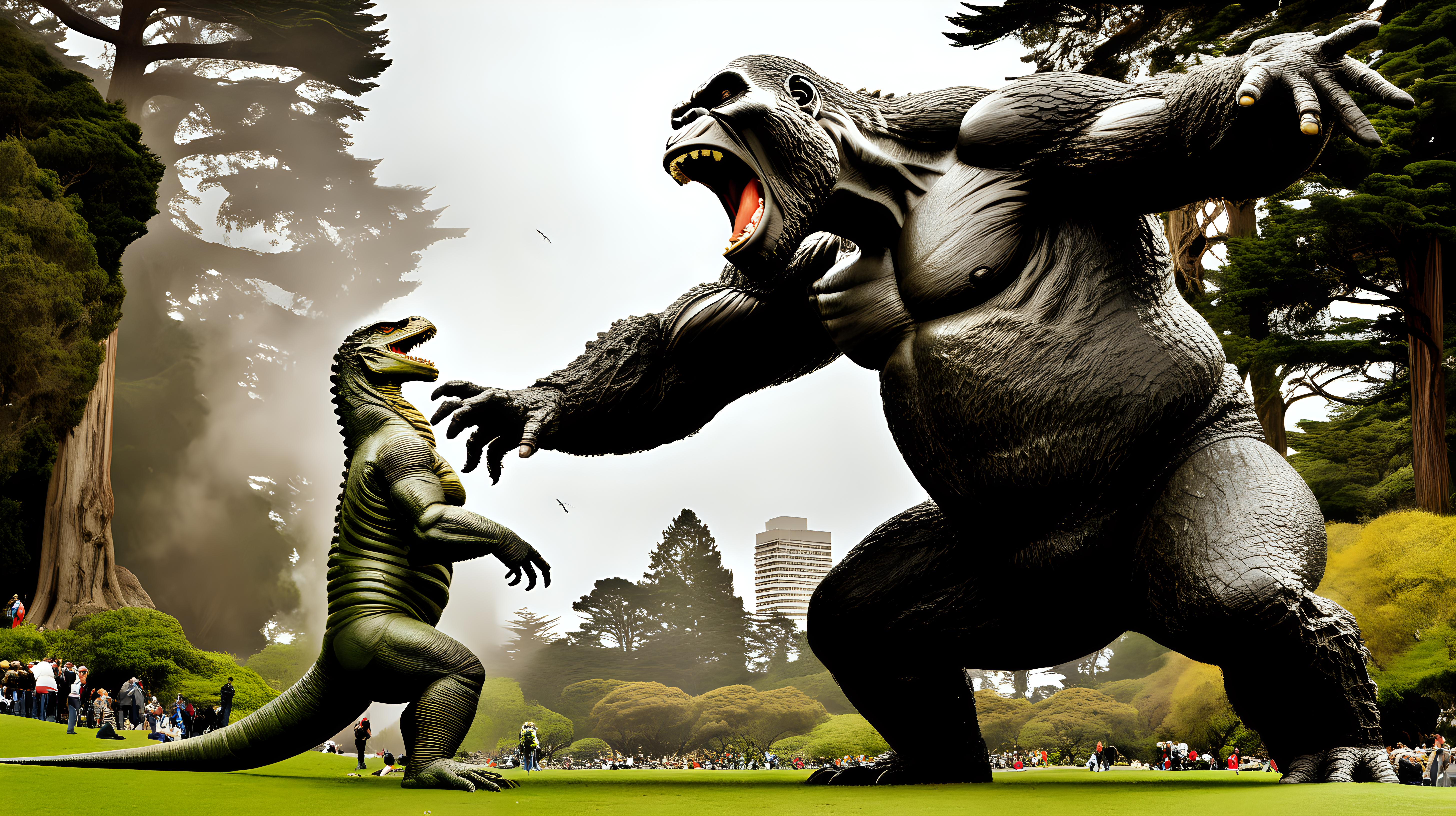 King Kong and Godzilla fighting a giant lizard in Golden Gate Park
