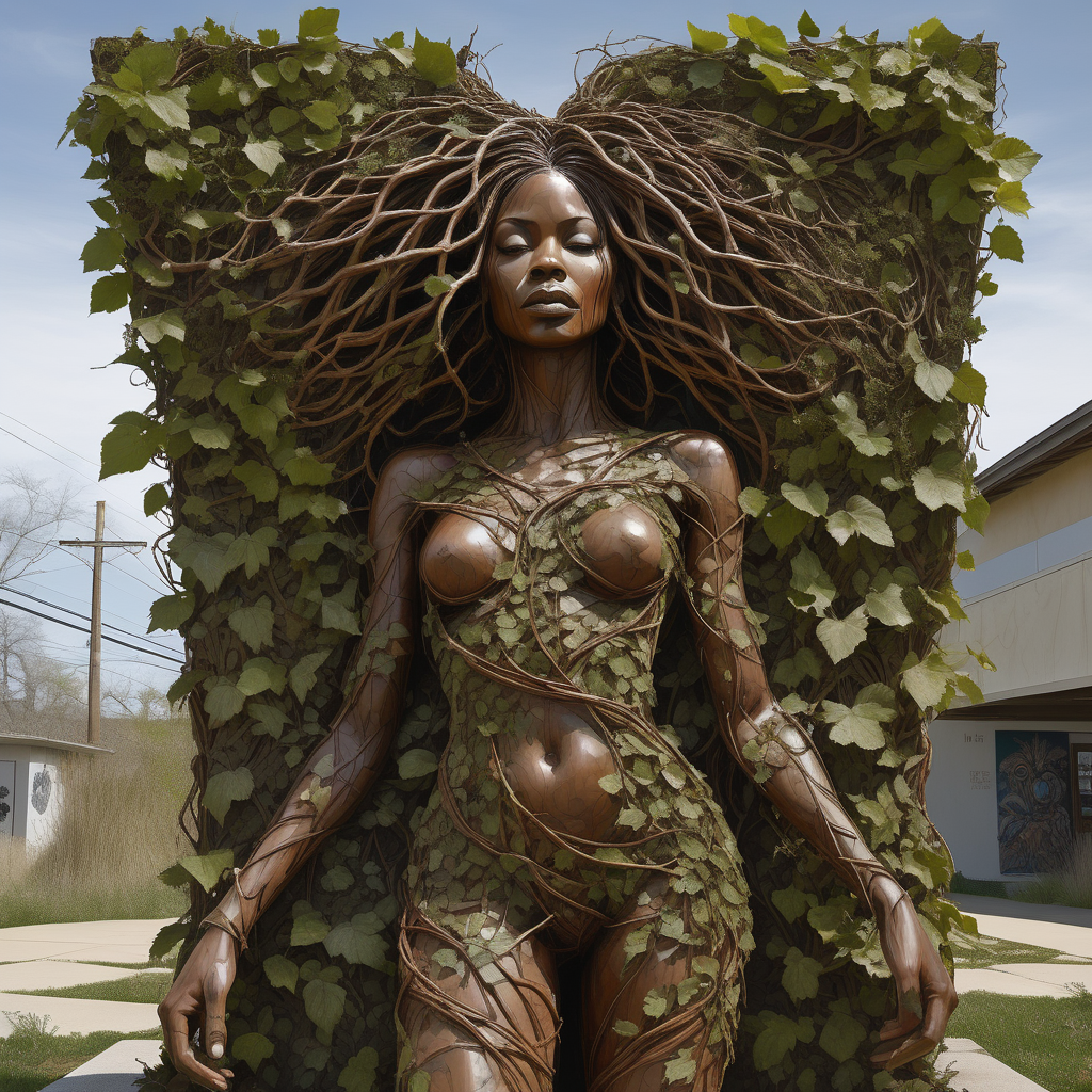  A statue with leaves in it is in the field, in the style of david popper inspired image of a Earthy melanin women in the shape of a blossoming tree, architecture, afrofuturism-inspired, tim okamura, made of vines, brown roots, exaggerated facial features, long leg branches theodore rousseau, interlocking structures