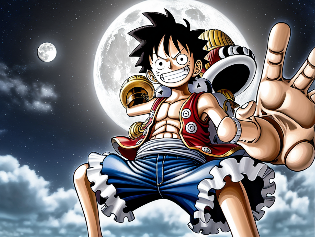 The character Luffy gear 5 smiling with a