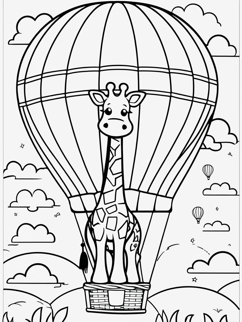 simple colouring page for kids, Giraffe in a Hot Air Balloon, clean line art, --HD--AR 1:1.41