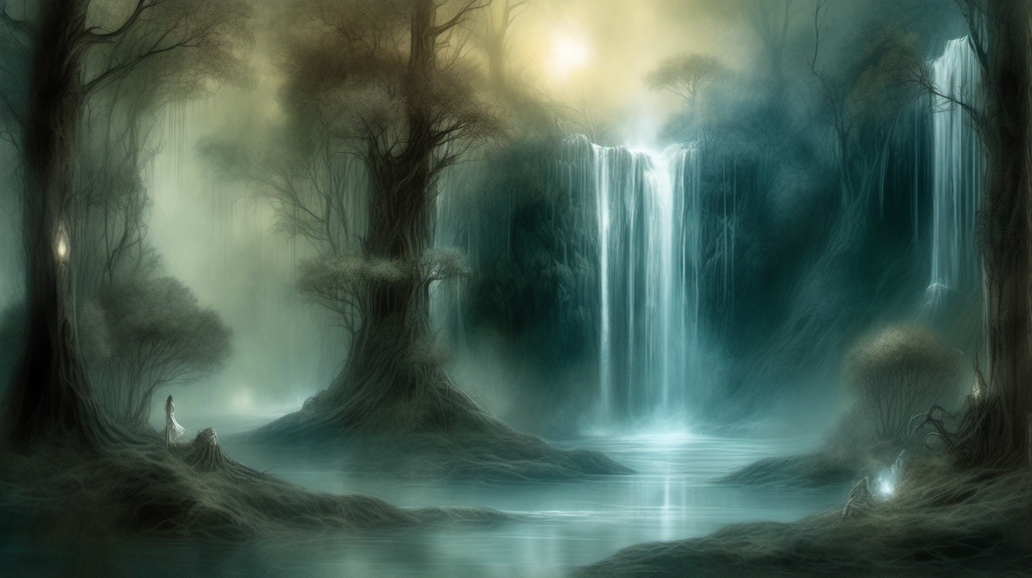genera una ilustración de fantasía estilo Luis Royo, de un bosque mágico con una gran cascada y. una laguna, luz etérea y mística