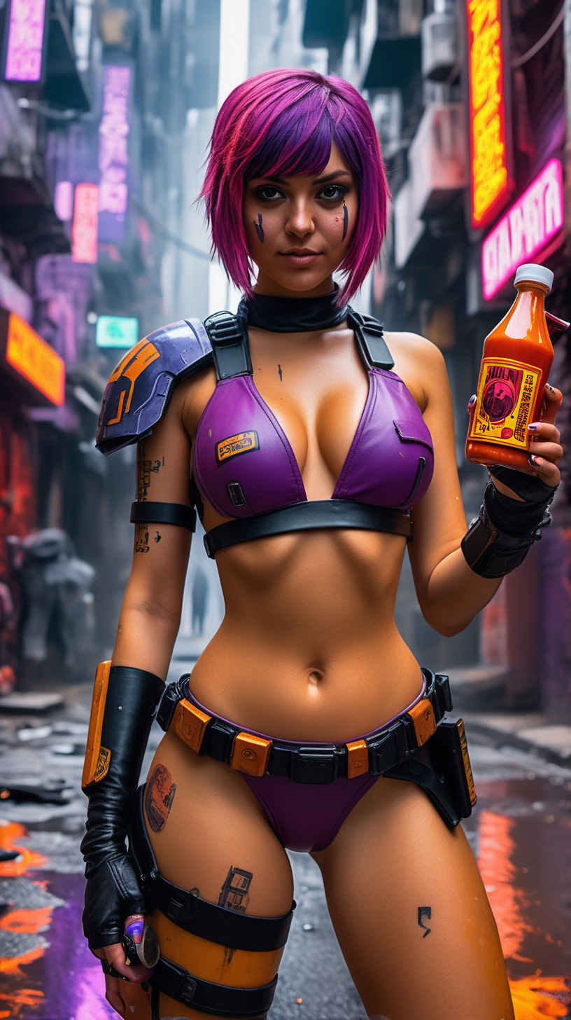 sabine wren bikini model holding hot sauce on cyberpunk street