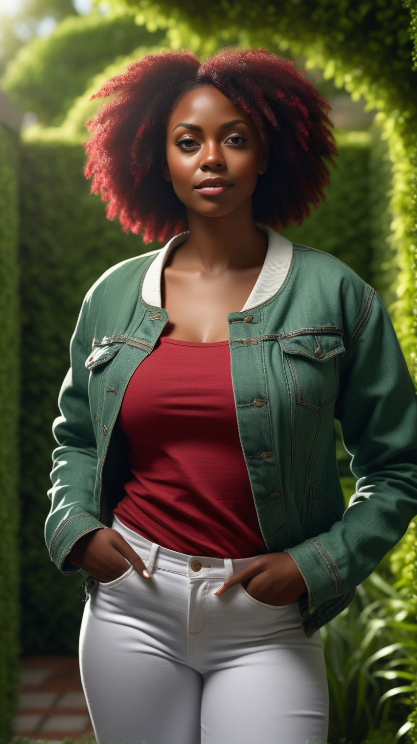 A beautiful, exotic, Black woman standing against , a lush green, garden background, Facing the camera straight ahead, wearing a Heather Red, long sleeve, tee shirt, wearing a white, denim jacket, lighting is over the left shoulder, from behind, pointing down ultra 4k render, high definition, deep shadows