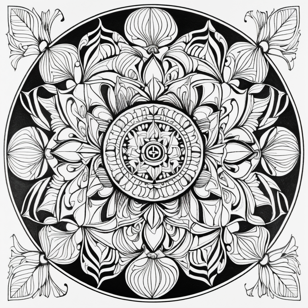 adult coloring page, black & white, strong lines, symmetrical mandala, garden inspired by Bosch