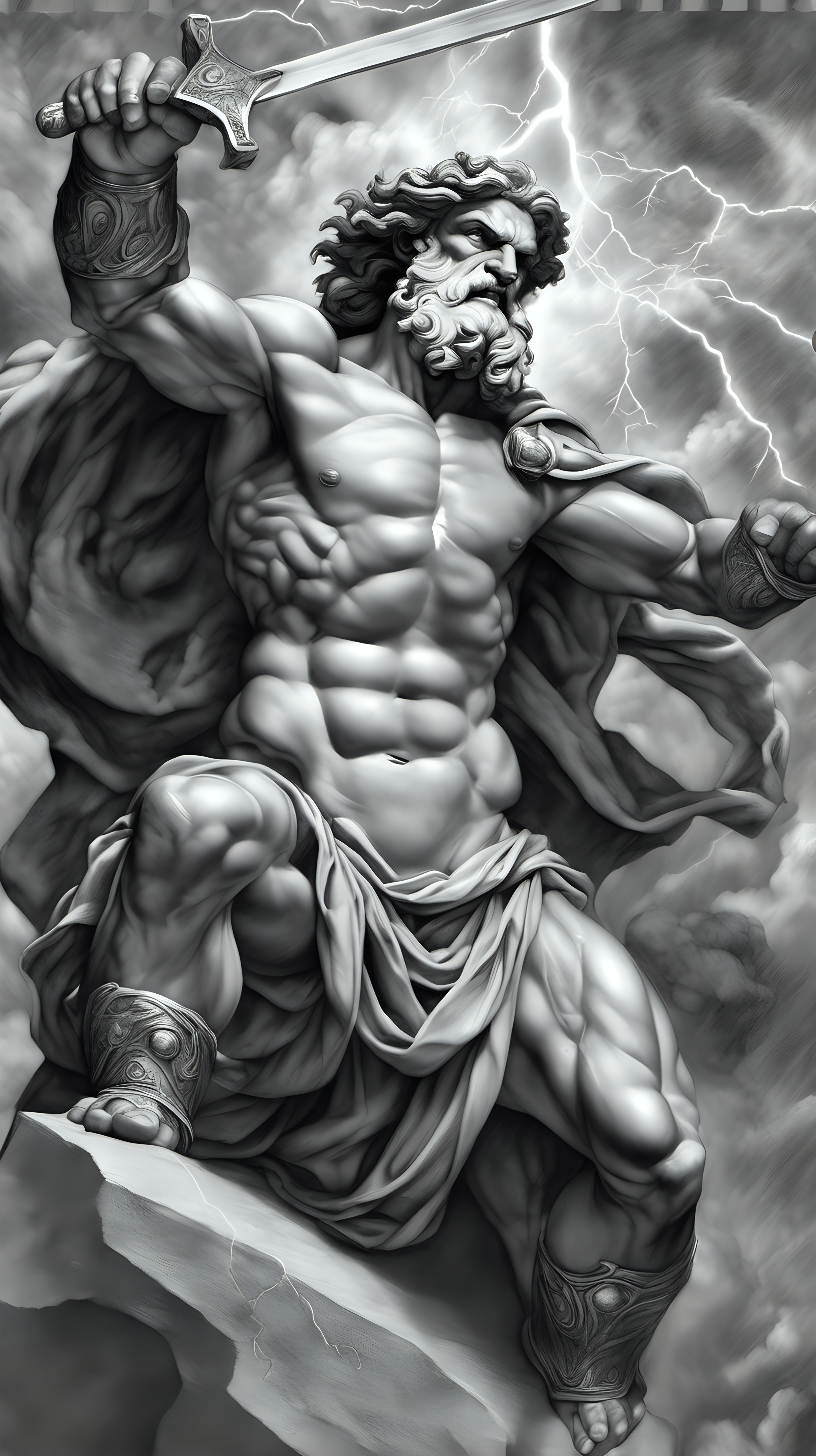 /imagine prompt : a hyper realistic black and gray Michelangelo drawing, feautering  gods & goddesses greek mytology titan war

-no cut
<background>thunder and lightning
<style>pencil drawing
_ar 9:16