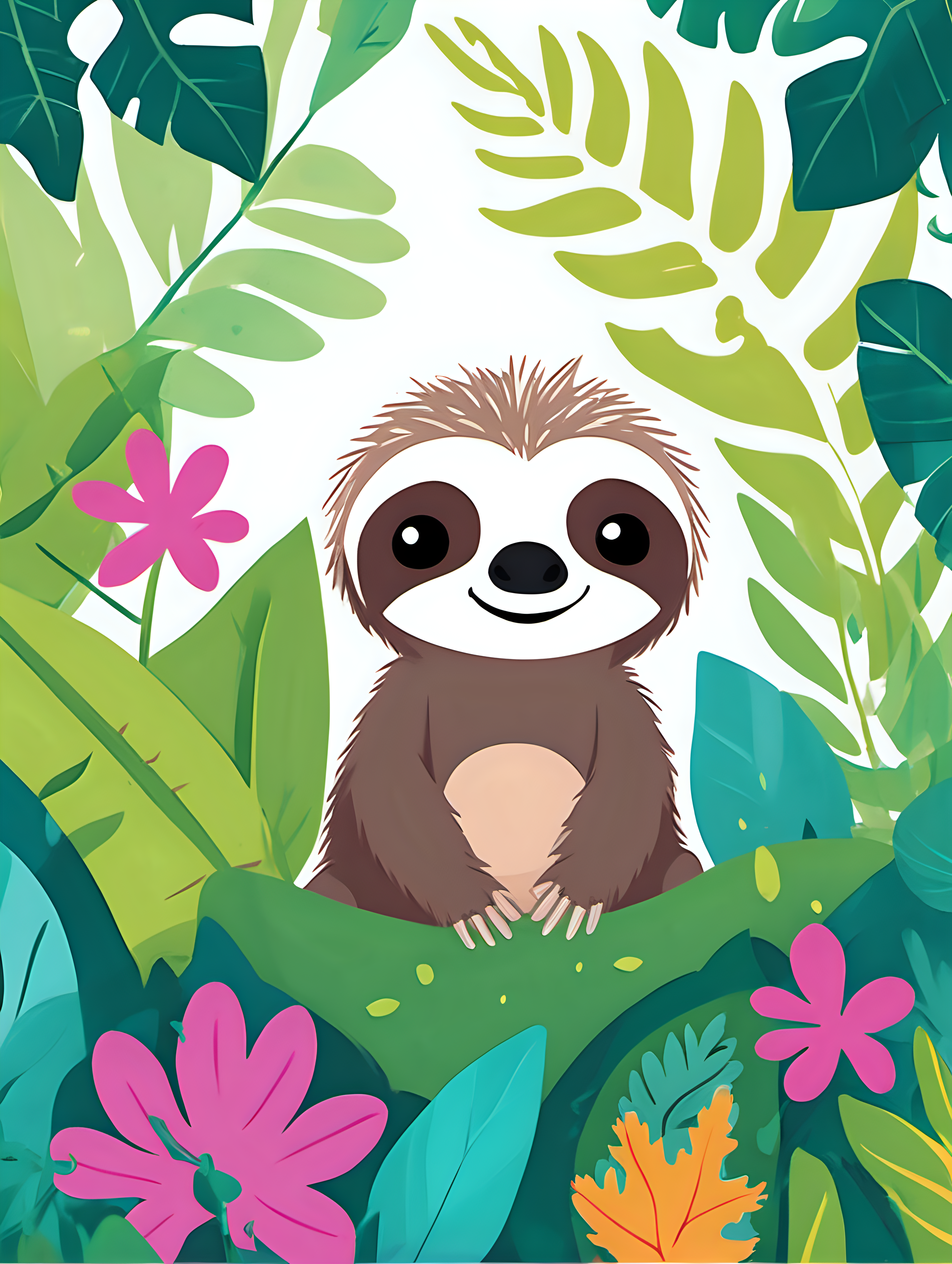 Generate a vibrant book cover featuring a cute sloth and an Axolotl. Ensure both characters are in full color, and include a background of lush leaves to enhance the natural theme. The cover should be visually appealing and convey the charm of these adorable creatures. Feel free to add any additional elements that enhance the overall appeal of the cover for a children's book.