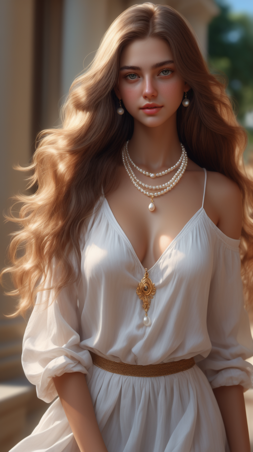 <lora:DetailedEyes_V3:1> high quality, 8K Ultra HD, highly detailed, masterpiece, super realistic, masterpiece of A full-body figure of a young woman In a luxurious summer outfit. She poses dynamically with a captivating model gesture, with detailed, intricate features that take up 2/3 of her form. Her face is drawn with realism, expressing confidence and allure, framed by long, flowing hair and a simple pearl necklace that complements the elegant ensemble. The backdrop is a softly blurred, summery backdrop that complements the vivid colors and youthful spirit of the scene, creating a visually captivating environment, (full body image), realistic atmosphere, concept art, enhance beauty, (((sensual))), full body, extremely hyper detailed, cinematic 8k
