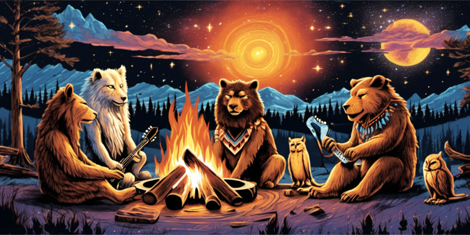 cosmic native american lion bear wolf owl playing music campfire