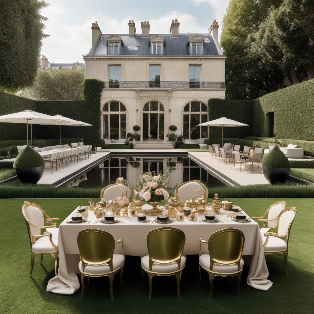 hyperrealistic modern Parisian garden tea party on sprawling