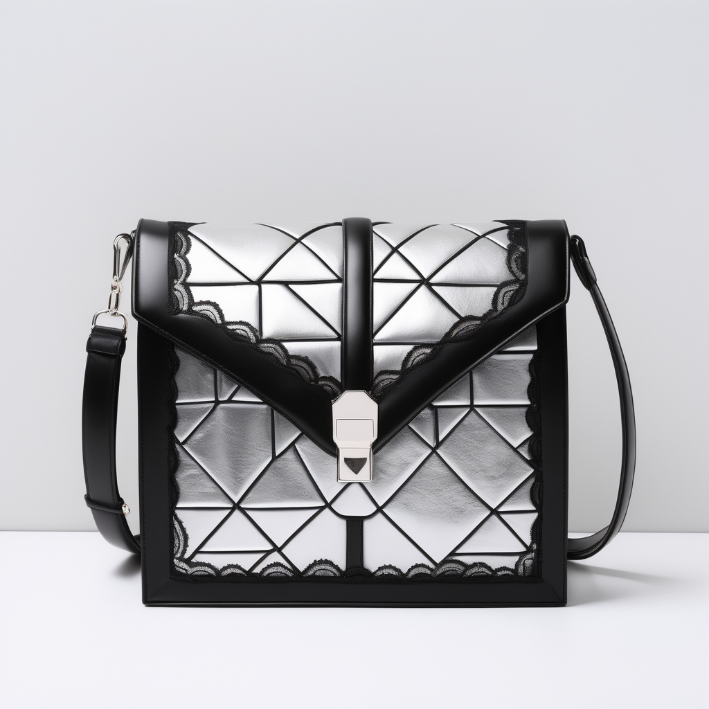 Square bag with black lace geometric inserts geometric