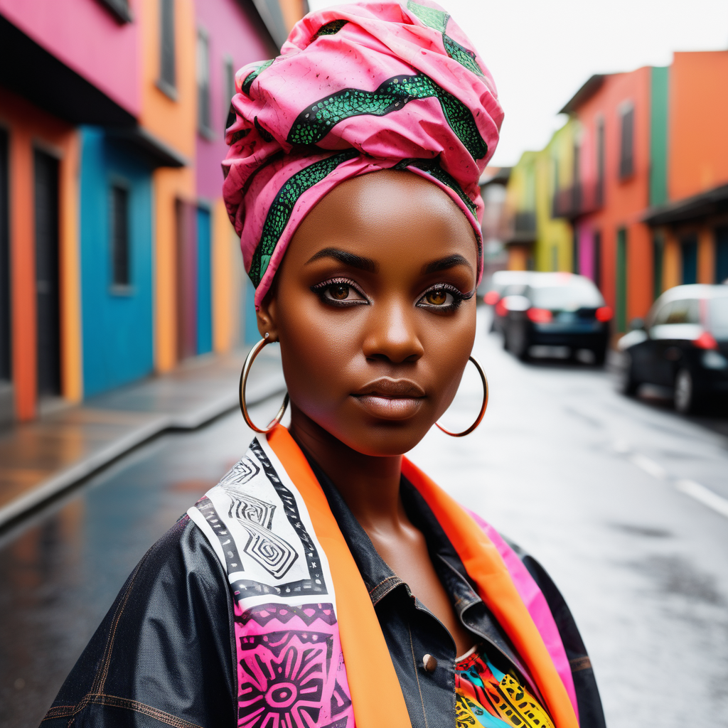 Beautiful Black woman with tribal markings on her eyes and forehead, wearing a multi color African headwrap and African print Skirt, cropped light flourescent transparent, rose colored rain coat, wearing a white tee with a black fist printed on the front, wearing denim with African print material  inside the pockets,  Vibrant images that represent African heritage, In the sernegetti, looking to the left, holding a  black lamb, view looking straight at , 4k, high definition, high resolution, light source from above right