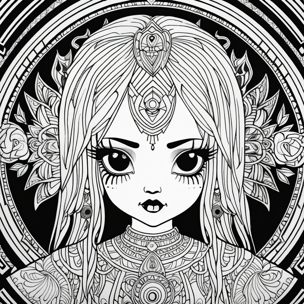 adult coloring page, black & white, strong lines, high details, lsymmetrical mandala, evil girl doll full body