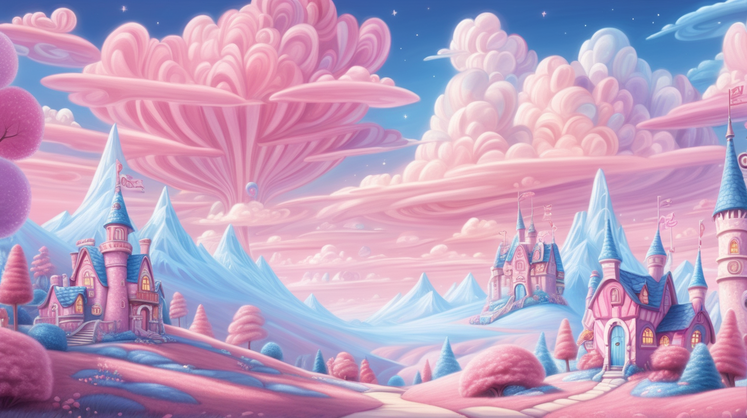  in cartoon storybook fairytale style, a sky  painted in the most enchanting shades of pink and blue. similar to CandyLand