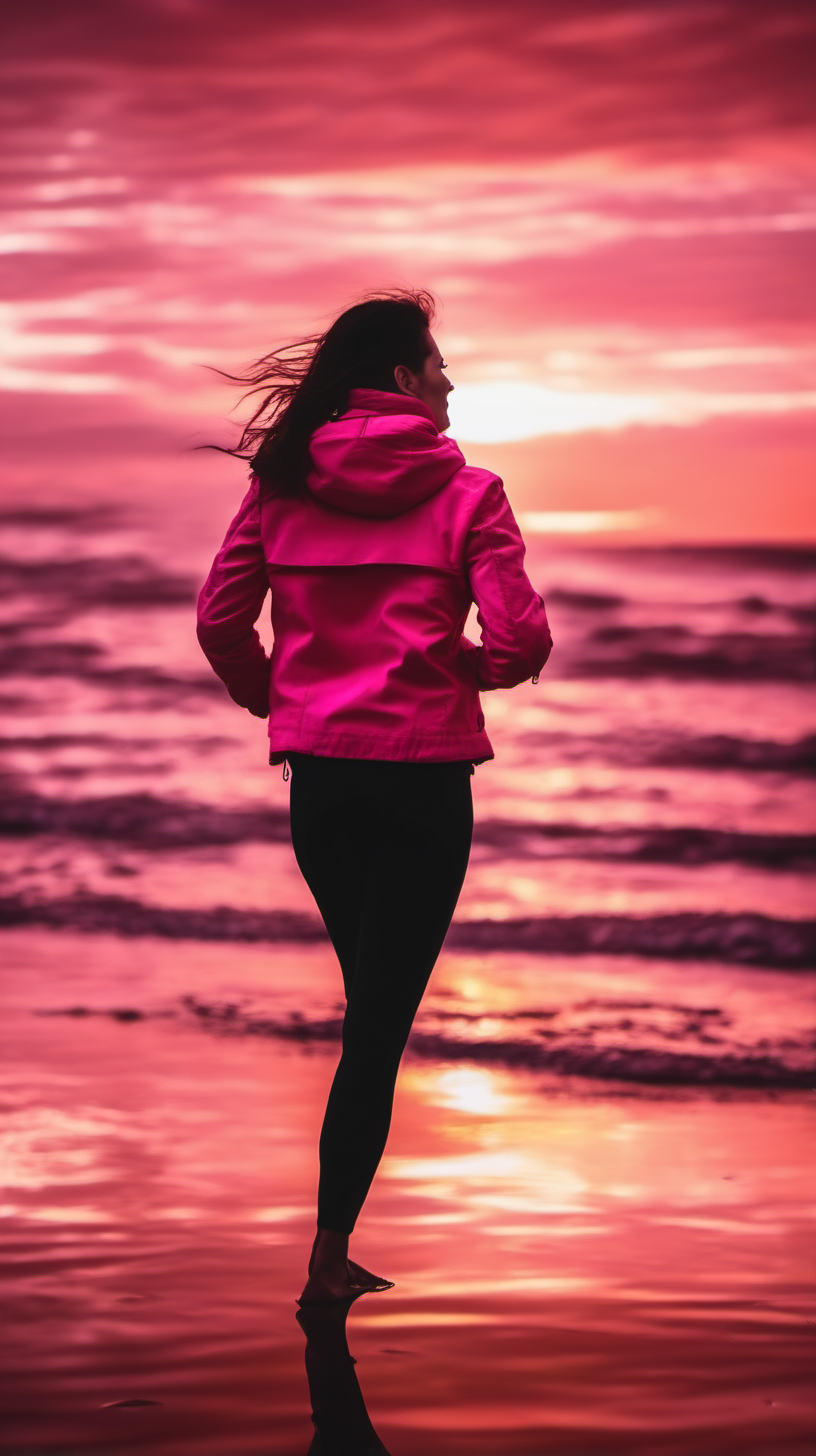 Silhouette Woman, Wearing a Pink Jacket, Standing on the Beach, Looking at the Sunset, Happy Reaction, Running, Red to Golden Clouds. very beautiful. Wide Angle shot