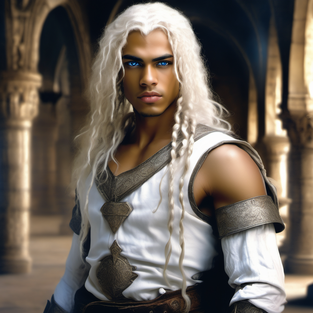 genera un retrato, estilo Luis Royo, de una guerrera medieval mulata, veinte años, pelo blanco, ojos azules, muy hermosa y sexy, de fondo un salón de palacio





