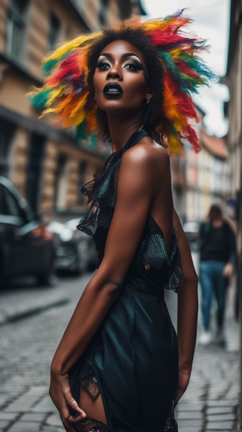 A beautiful young dark skin black woman in colorful flowing clothes dancing playfully in the street with long beautiful cascading hair, full lips in a sexy smile in mural art style