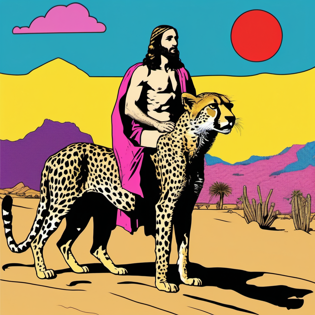 (naked)++ jesus riding a cheetah in the desert in the style of (pop art)+