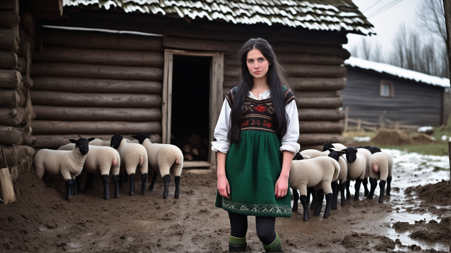 Winter and many snow and mud.
Hot girl with green eyes and long black hair living in village. Wearing traditional clothning in dark colors - shalvar, knitted shirt, knitted bodice over it, felted short bodice without sleves, brown knited socks, knitted slippers and short to ankle rubber boots. Work in mud and cold outside old wooden house and barn full with lambs. Near wood for stove.
