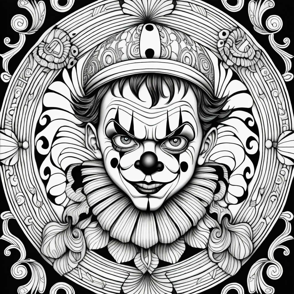 adult coloring page, black & white, strong lines, high details, symmetrical mandala, evil little boy clown 