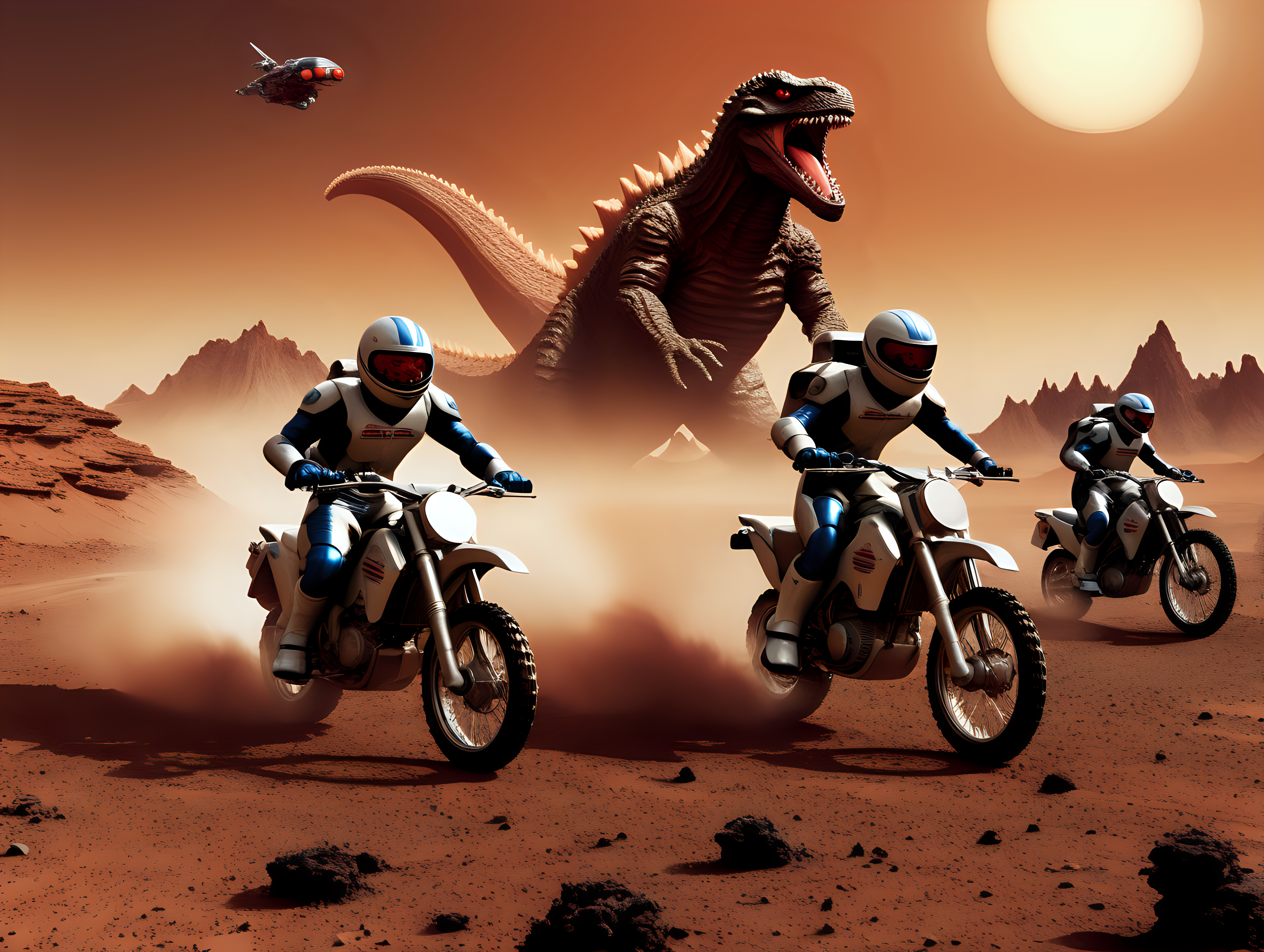 Motorcycles race on Mars chased by Godzilla