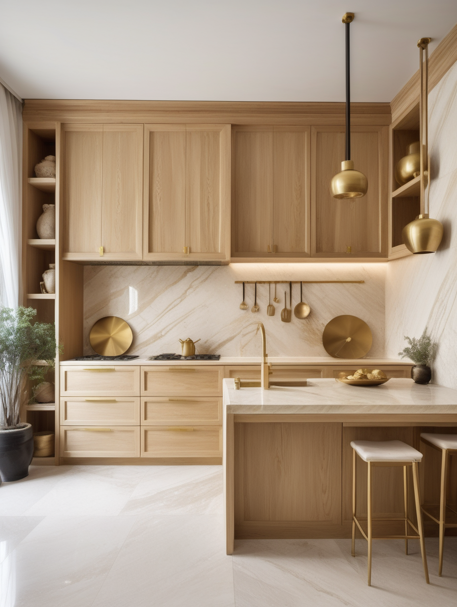 matte light wooden kitchen made of oak with brass handles, Classic Light Travertine Veincut Unfilled apron size 2 metr, one open top shelf with decor, Chinese vases, brass sconces, floor tiles diagonal layout  size 30*30cm travertine + marble calacatta