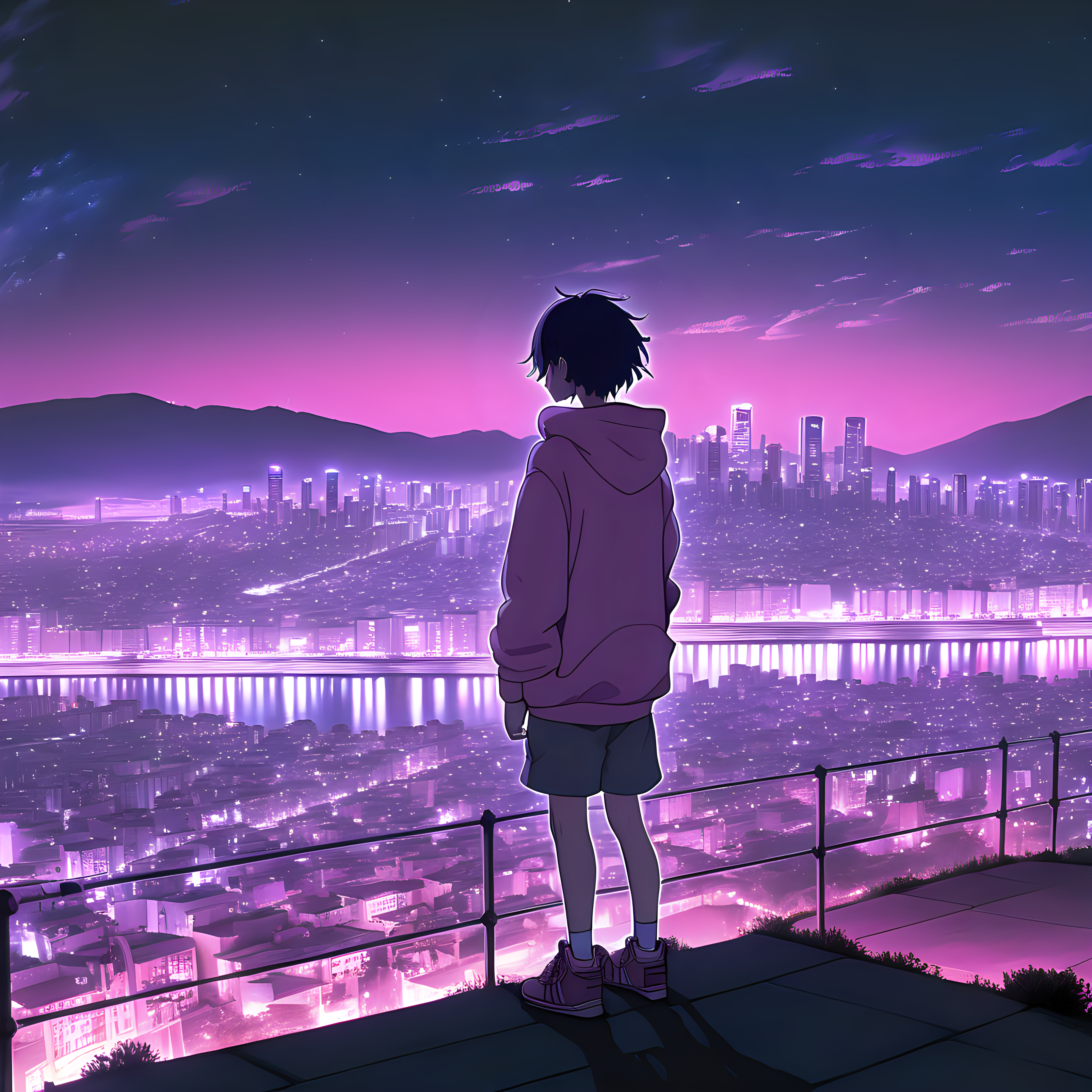 Anime character sitting on a hill at bottom of photo with a city skyline in the evening sky as the background. The sky should be pinkish purple in color. The perspective should make it so the city is close to the foreground