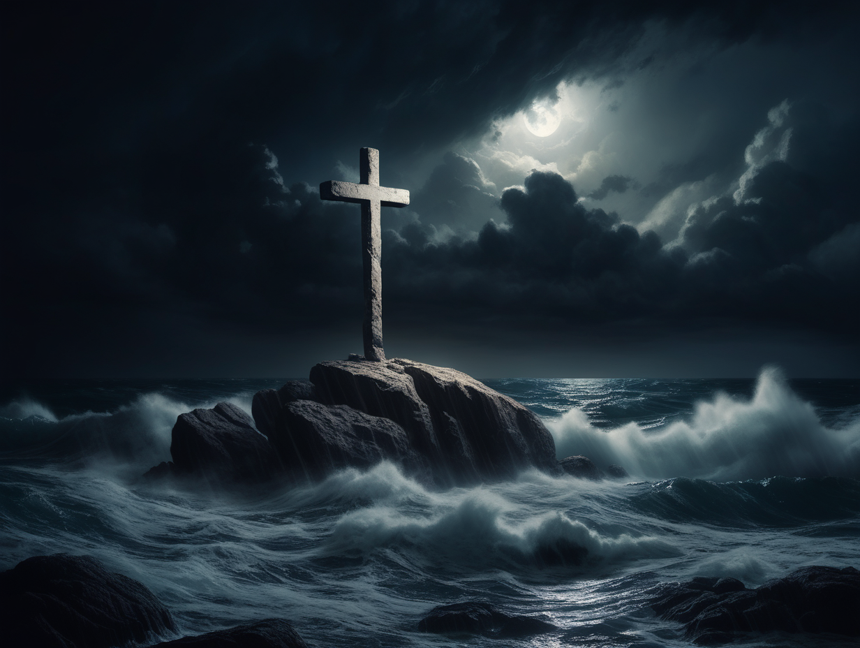 une croix  sur un rocher  dans une mer de tempéte , au clair de lune