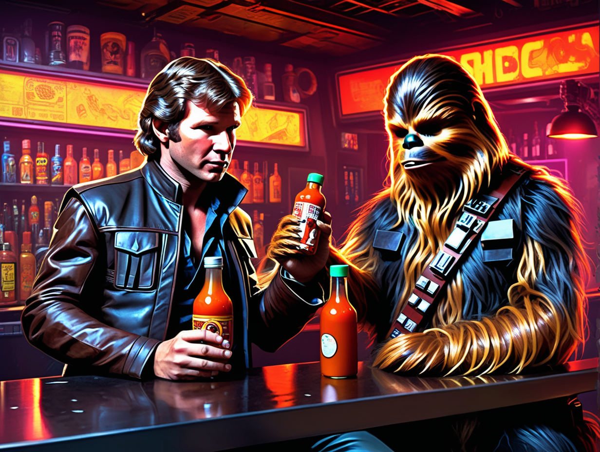 Han Solo drinking hot sauce with Chewbacca at