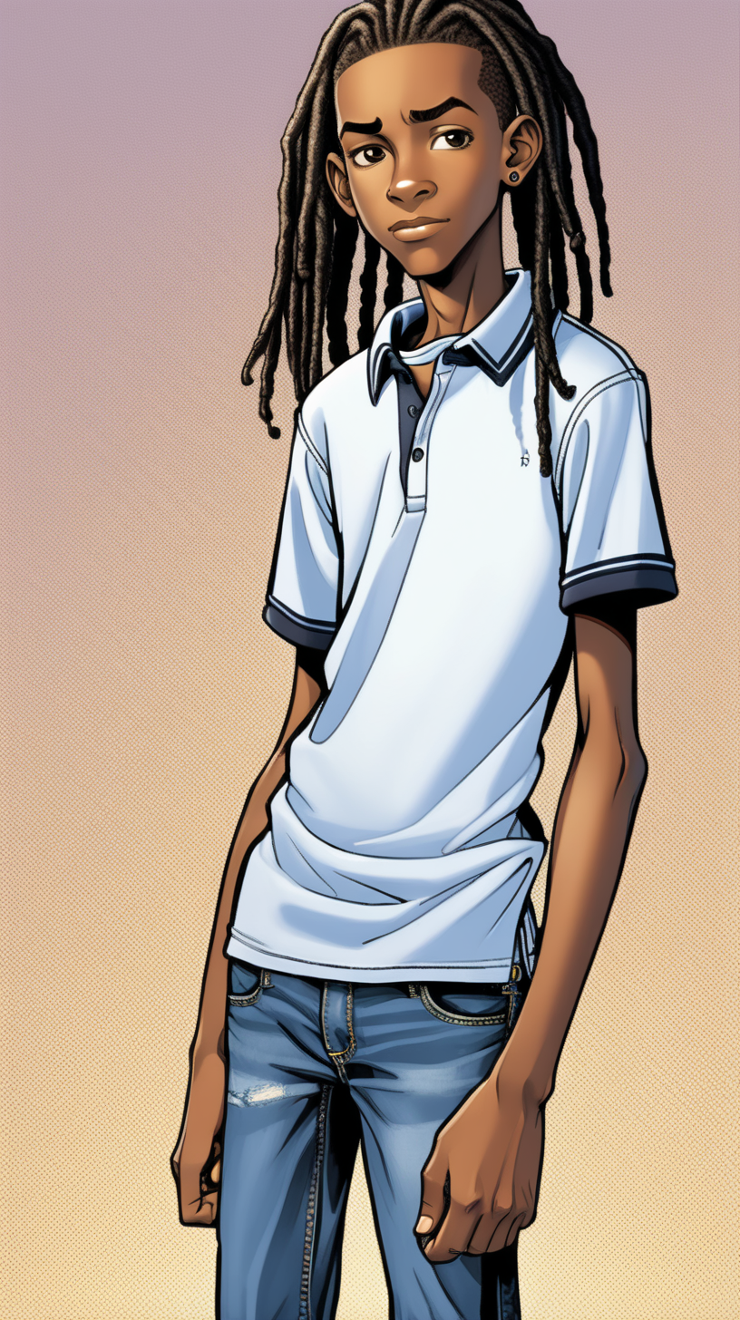 
comic-style 16-year-old black Jamaican teen boy who is tall, thin with short dreadlocks wearing a polo shirt with jeans standing close-up. make background plain
