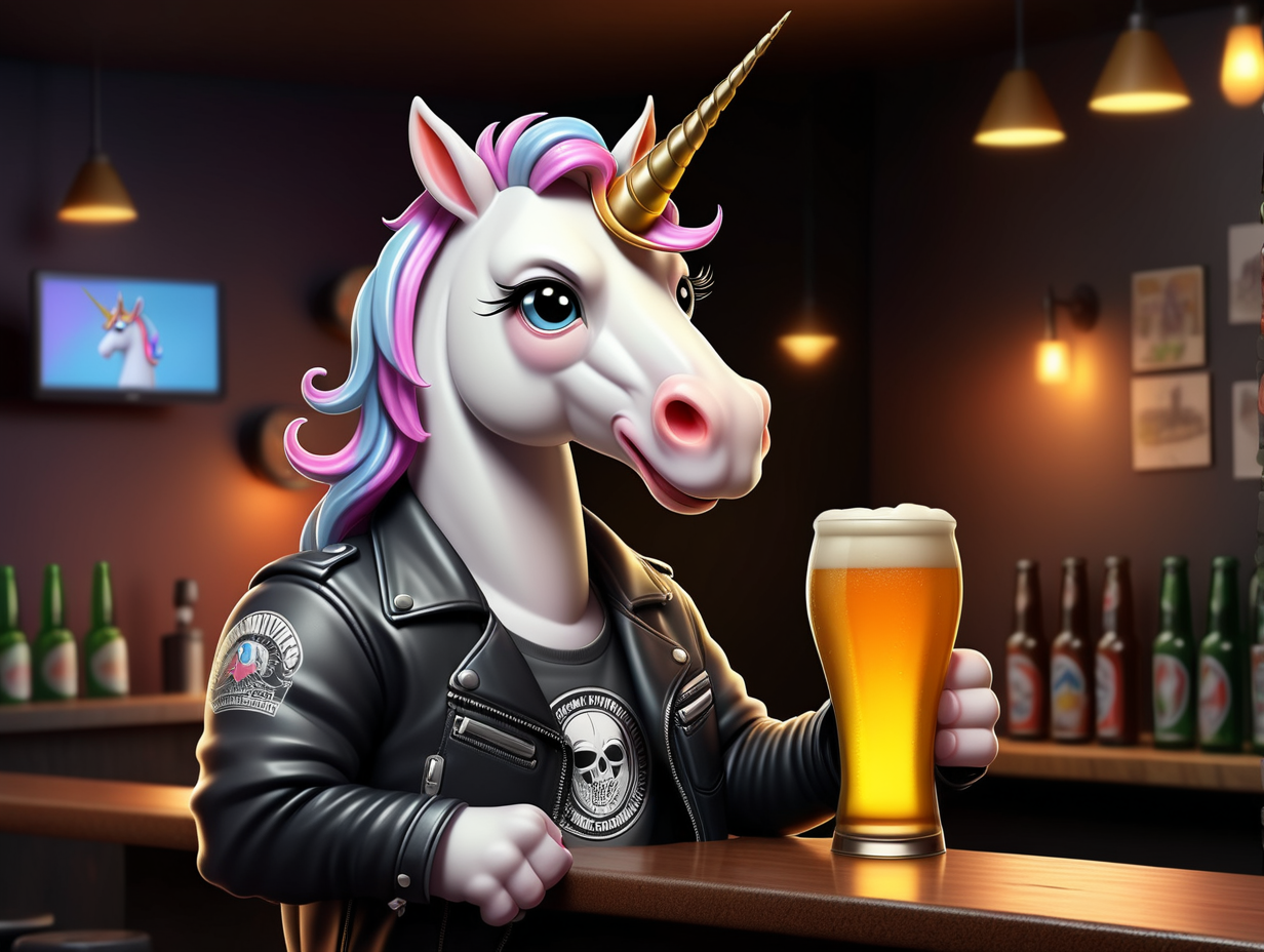 Cartoon unicorn in biker attire at the bar